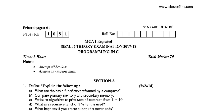 RCAI101 C Programming Theory Exam Notes - 2017-18 - Studocu