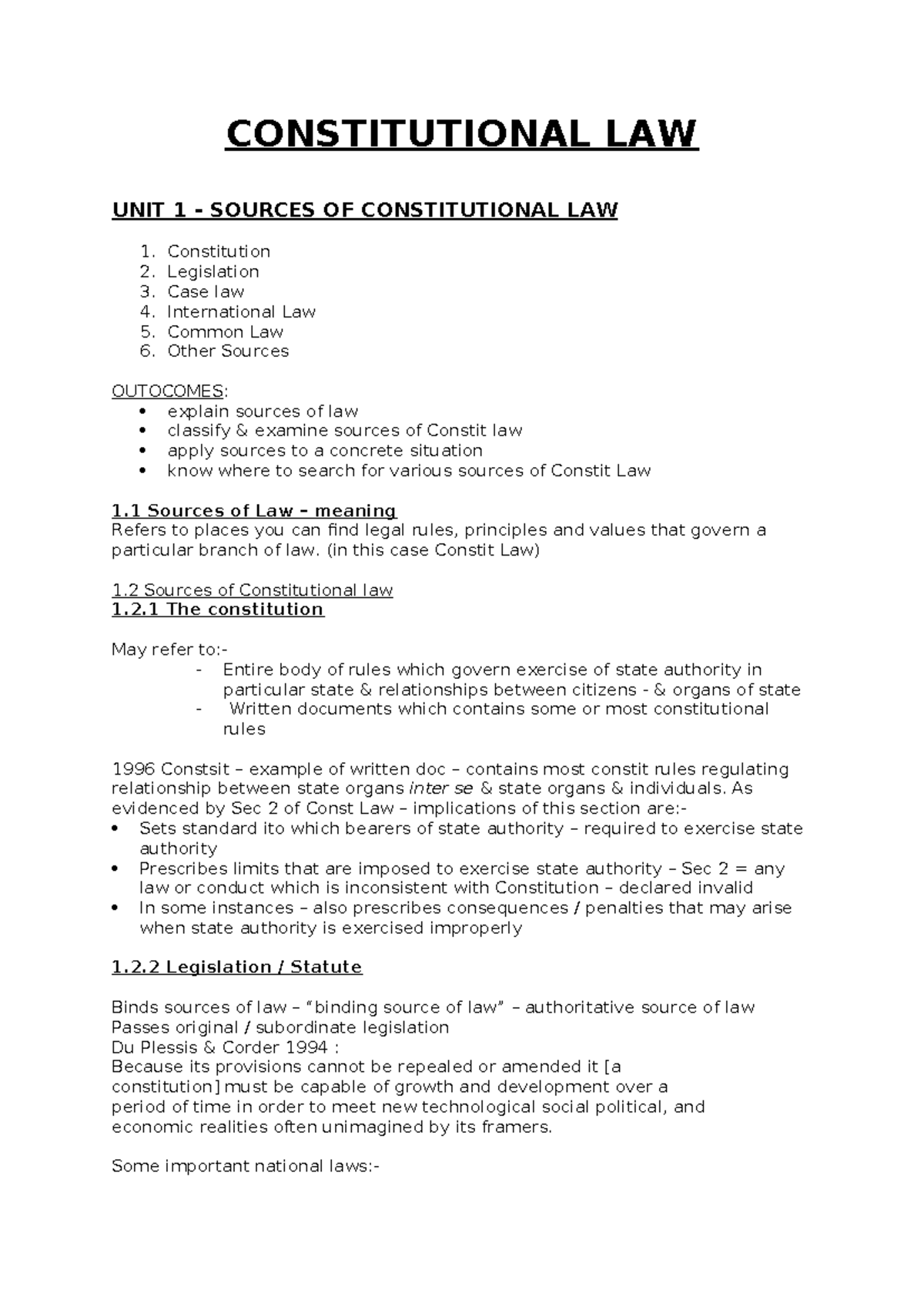 Constitutional Law 2 - Study Notes on Sources of Law - Studocu