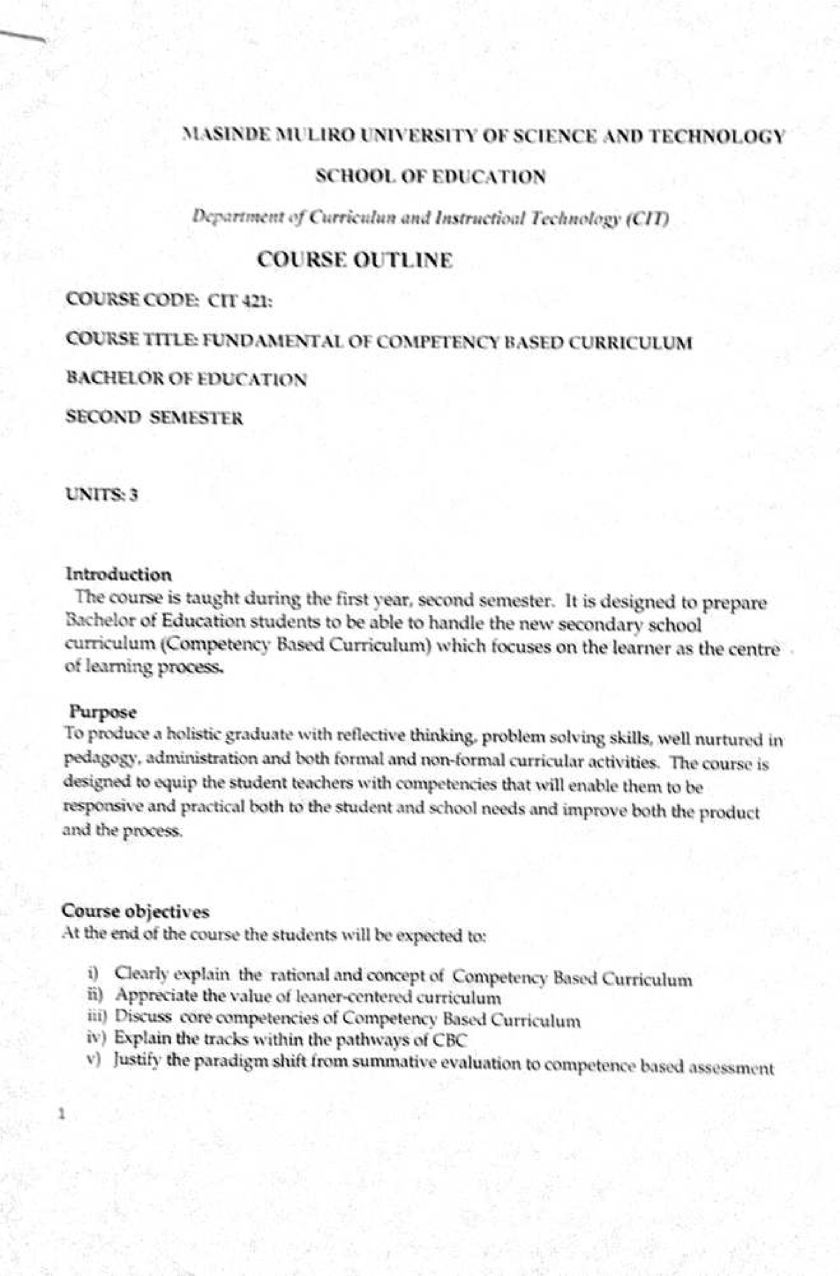 CIT 421: Fundamentals of Competency Based Curriculum - Lecture Notes ...