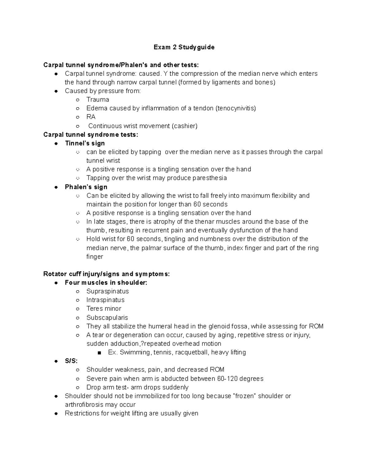 Exam 2 Studyguide: Carpal Tunnel and Shoulder Tests - Studocu