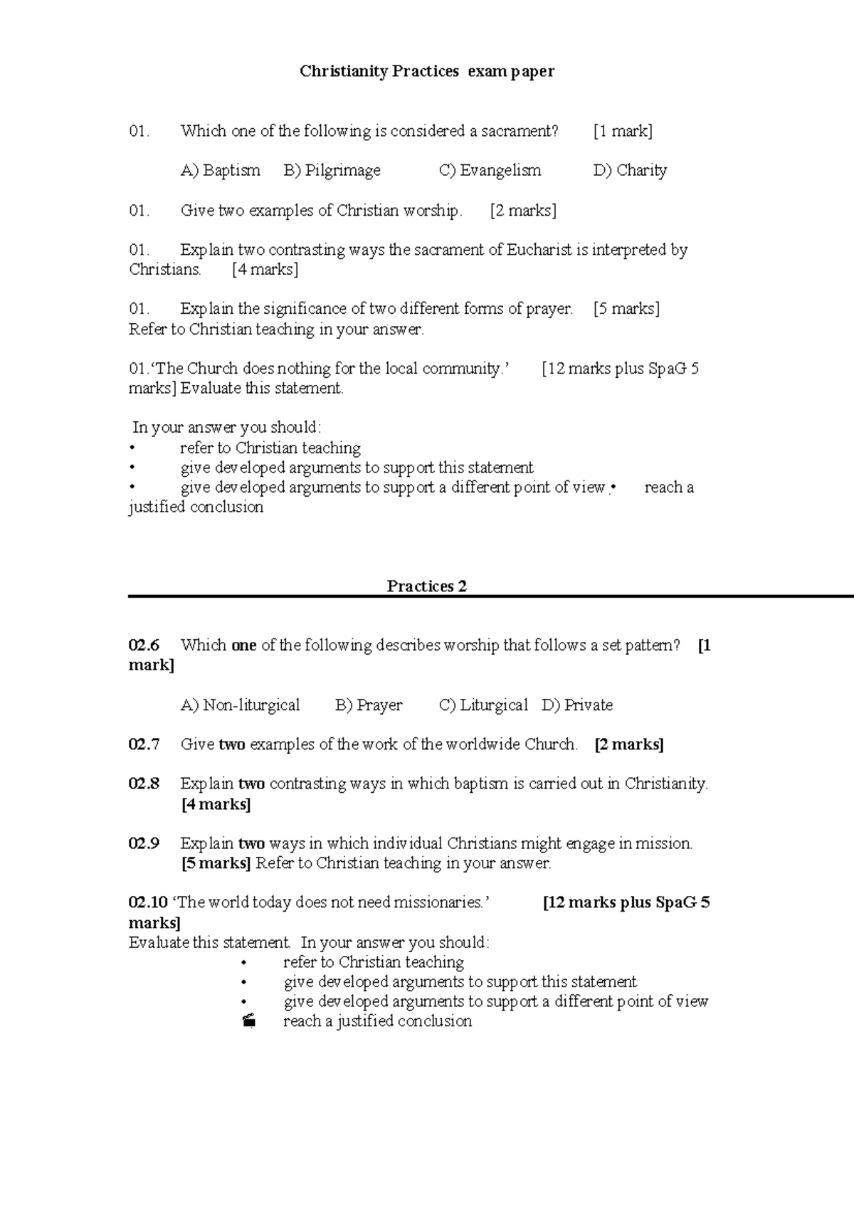 Christianity Practices Exam Paper 01: Sacraments & Worship Insights ...