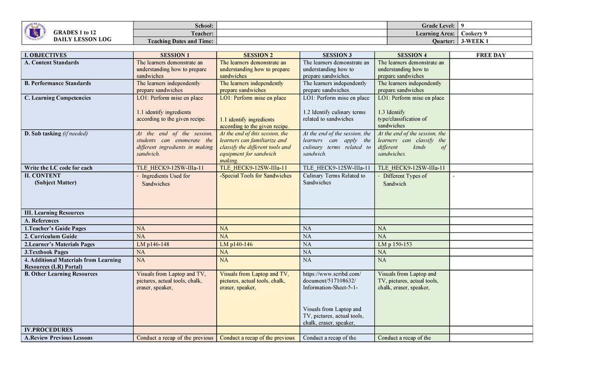 Cookery 9 DLL Third Quarter Lesson Plans: Preparing and Cooking ...