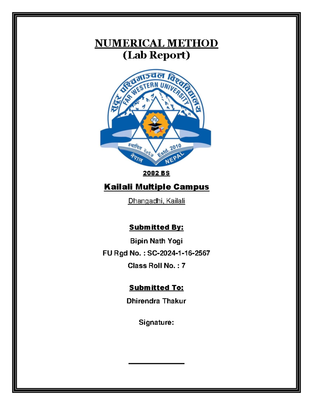 Numerical Method Lab Report - BSC.CSIT 2082 - Studocu