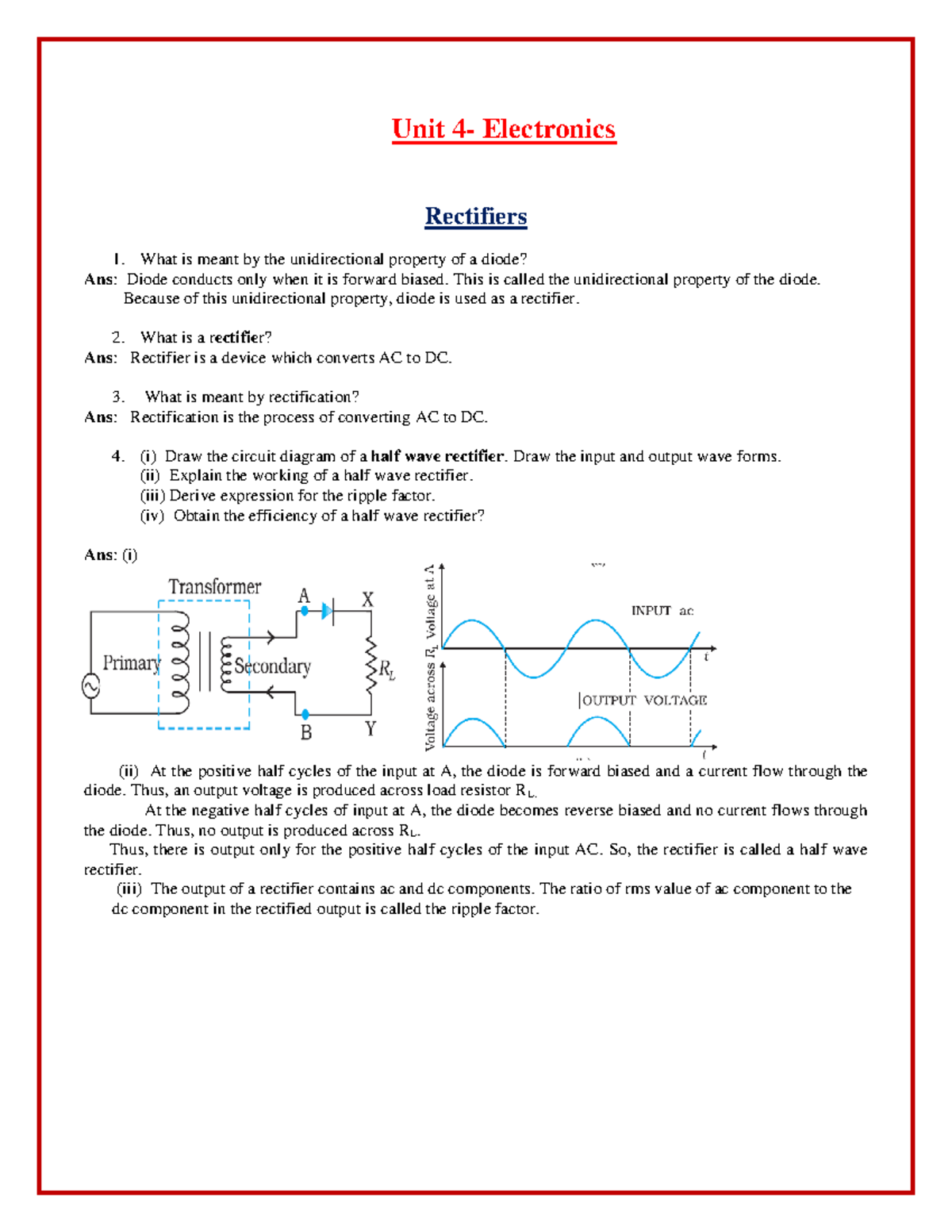 Unit 4 - Electronics: Rectifiers, Zener Diodes & Transistors Notes ...