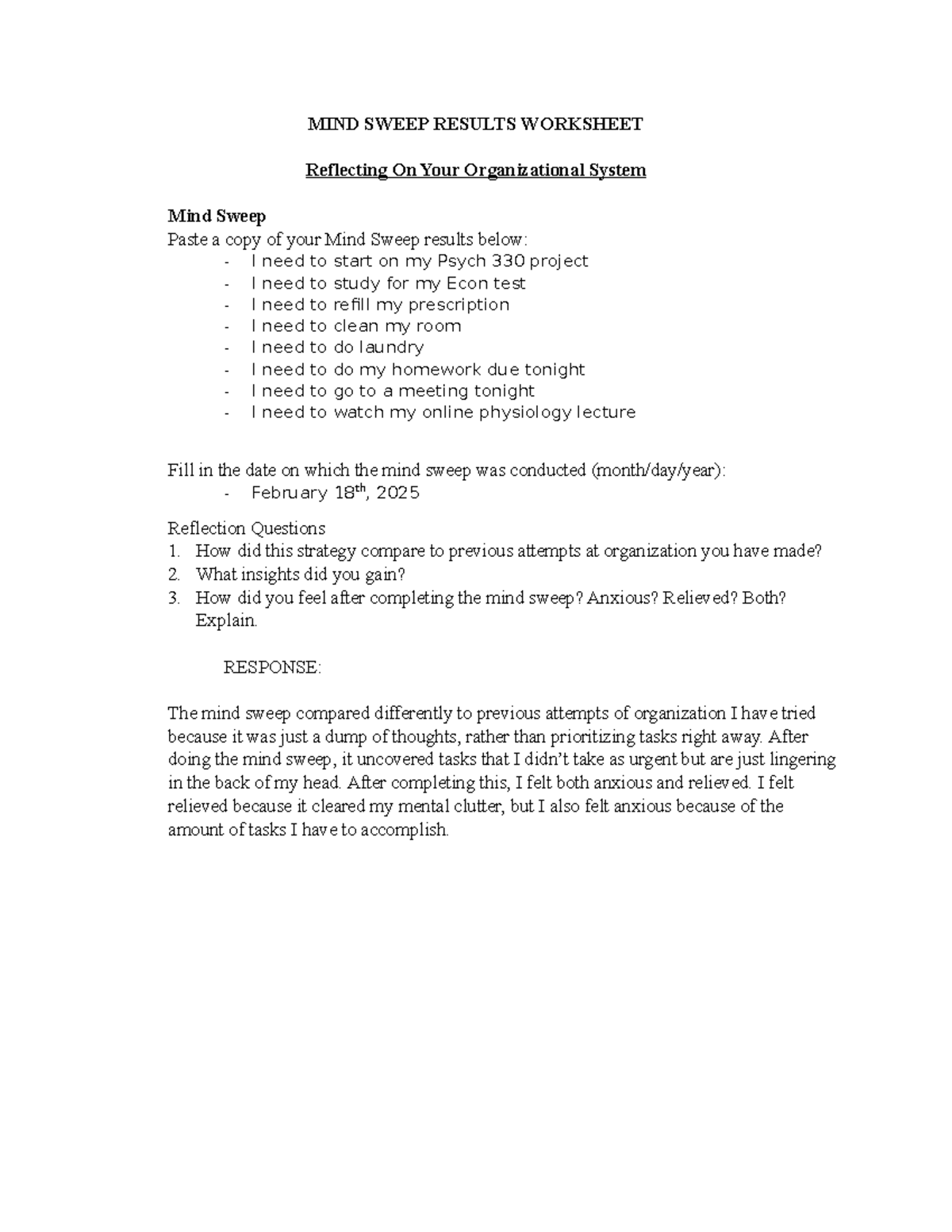 Organizational Systems Worksheet - MIND SWEEP RESULTS WORKSHEET ...