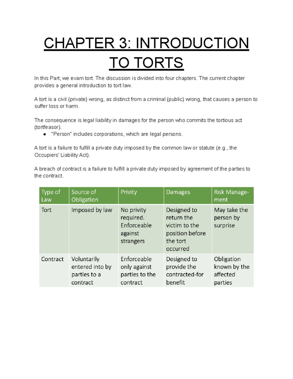 LAW 122 Chapter 3 Notes - CHAPTER 3: INTRODUCTION TO TORTS In this Part ...