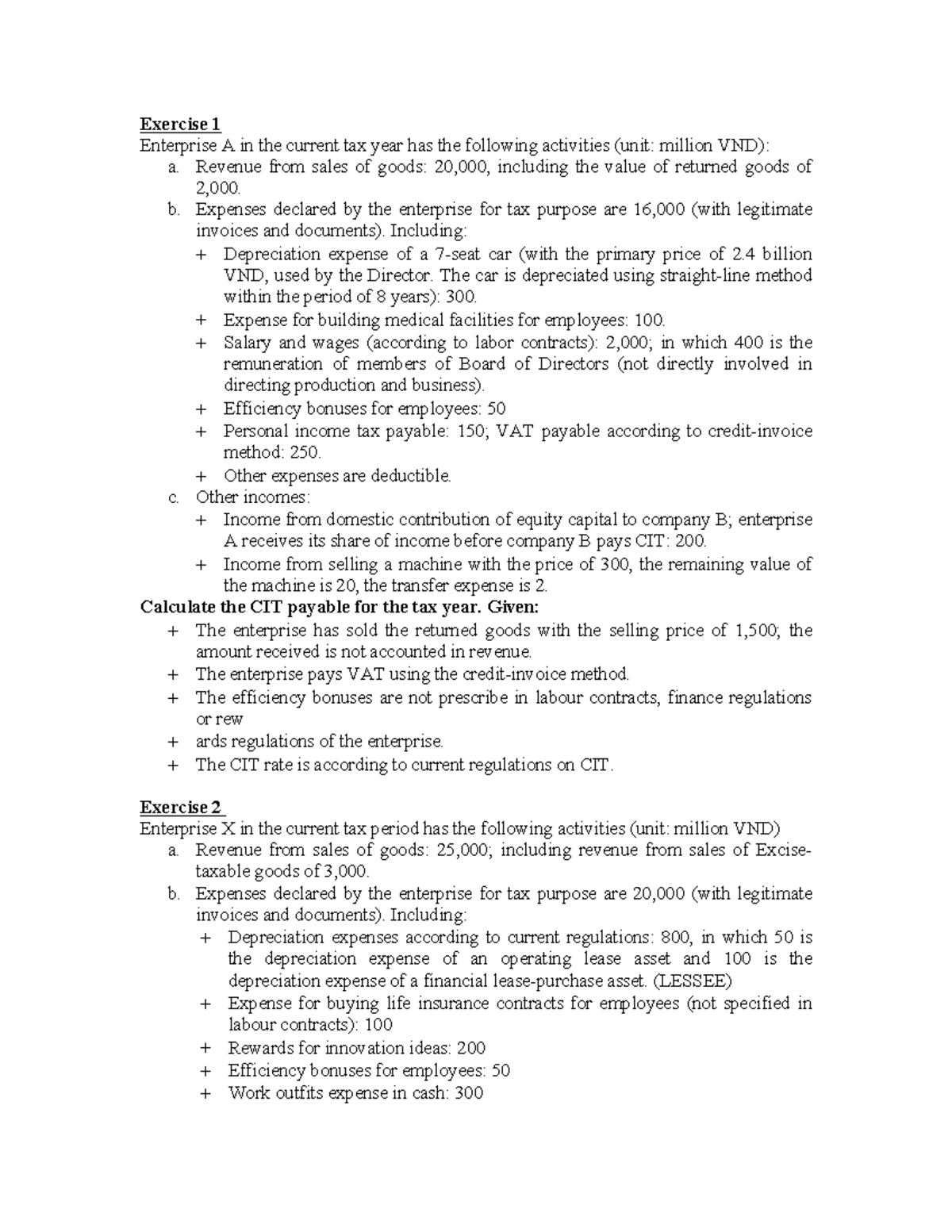 CIT Exercises: Calculation of Corporate Income Tax Payable (CIT) - Studocu