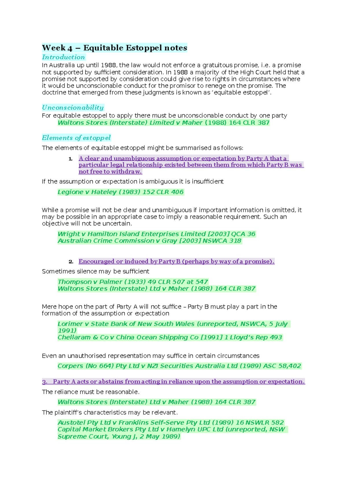 Week 4 Notes on Equitable Estoppel and Unconscionability - Studocu