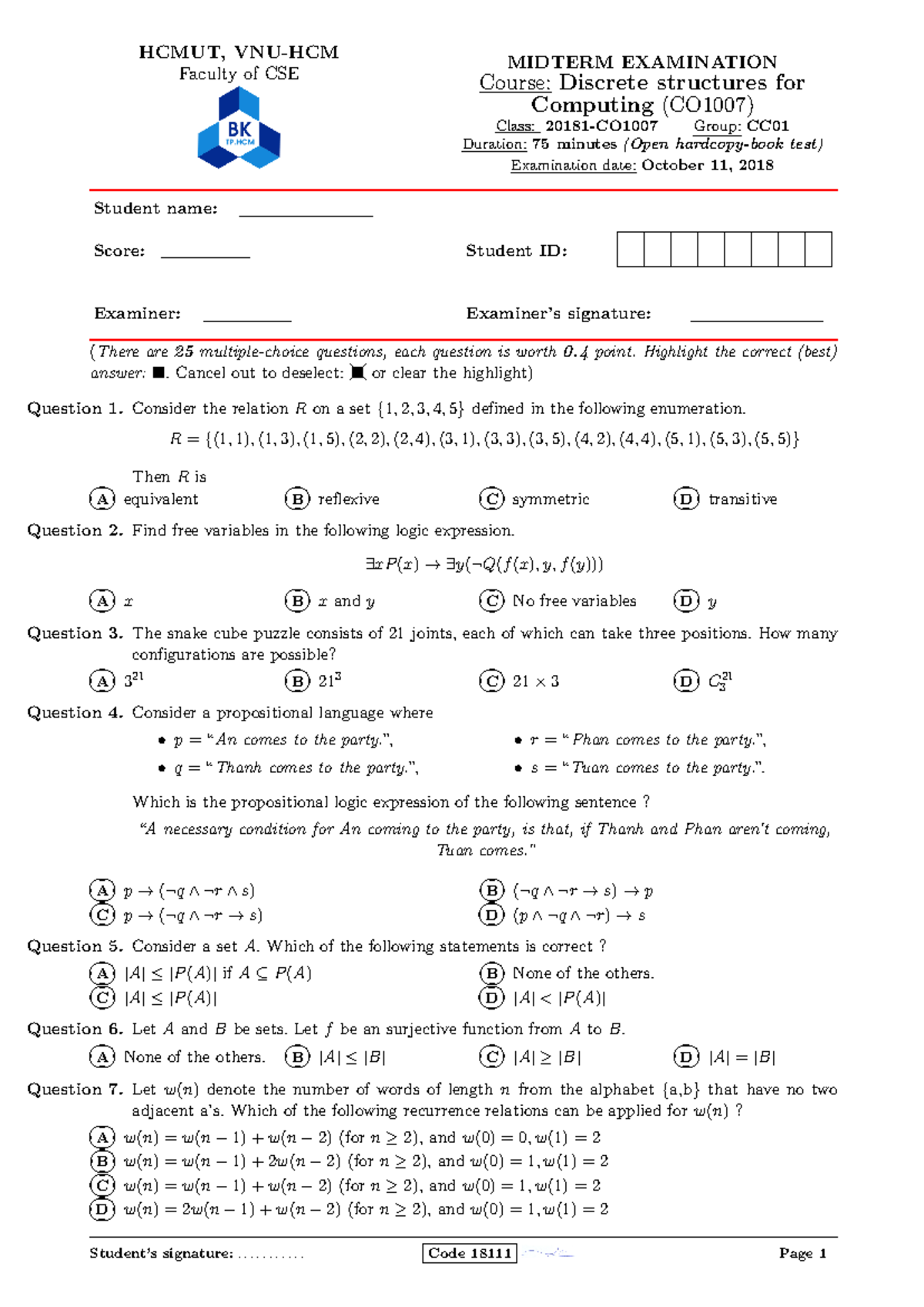 Midterm final 10 October 2018, questions and answers - HCMUT, VNU-HCM ...