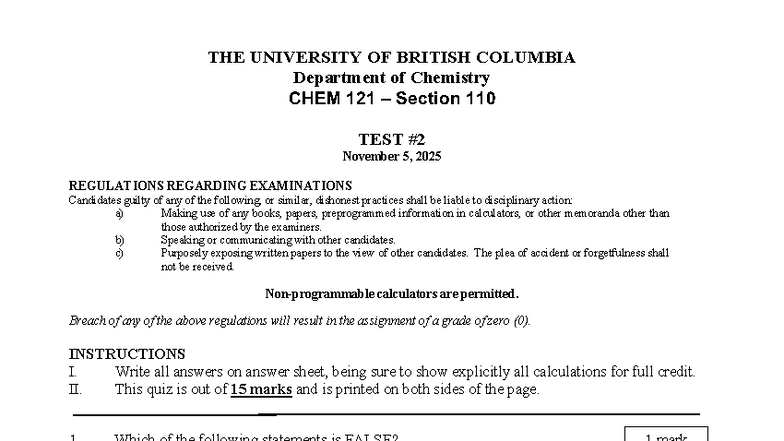 CHEM 121 Section 110 TEST 2 Practice Questions - Nov 2025 - Studocu
