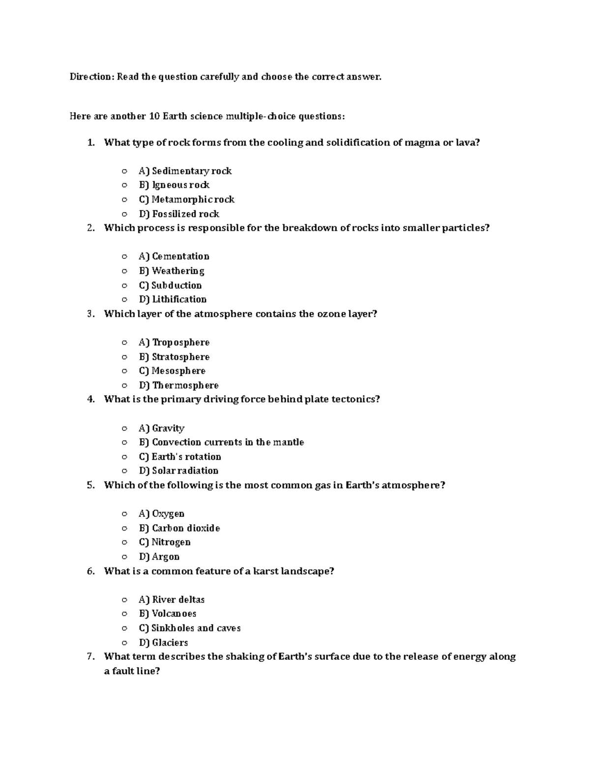 Y42 - Earth Science Quiz: Key Concepts on Atmosphere & Geology - Studocu