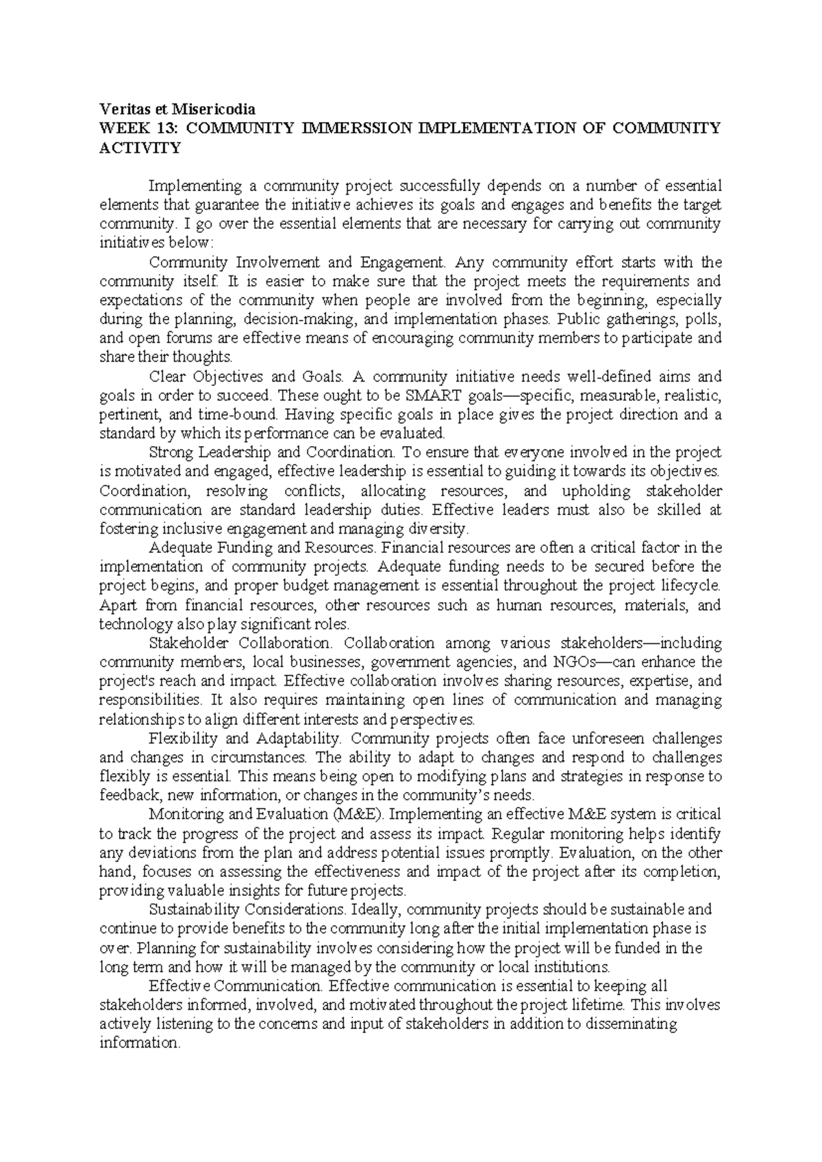 WEEK 13: Community Immersion Project Implementation Essentials - Studocu