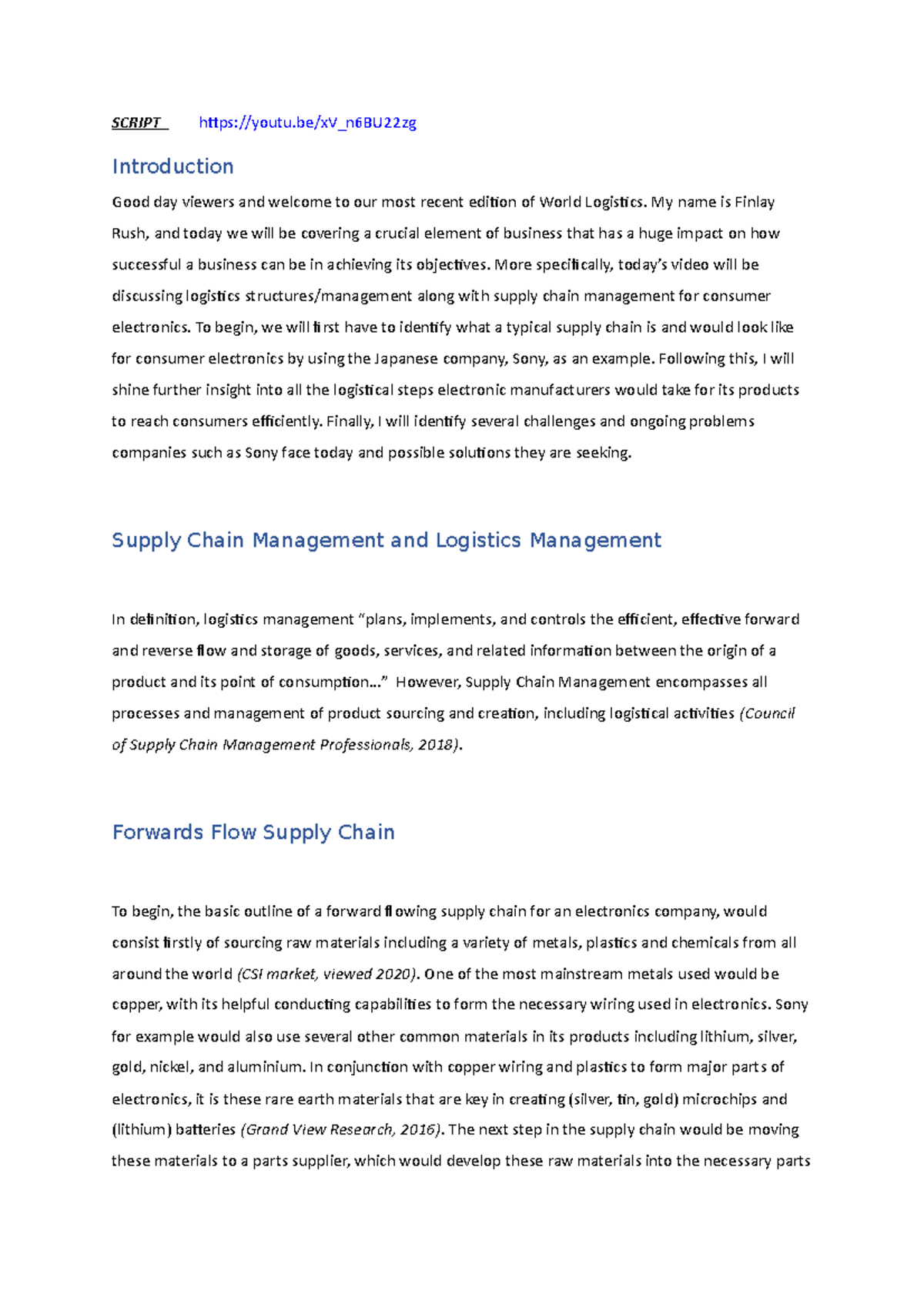 International Logistics Assessment 1 Speech - SCRIPT youtu/xV_n6BU22zg ...