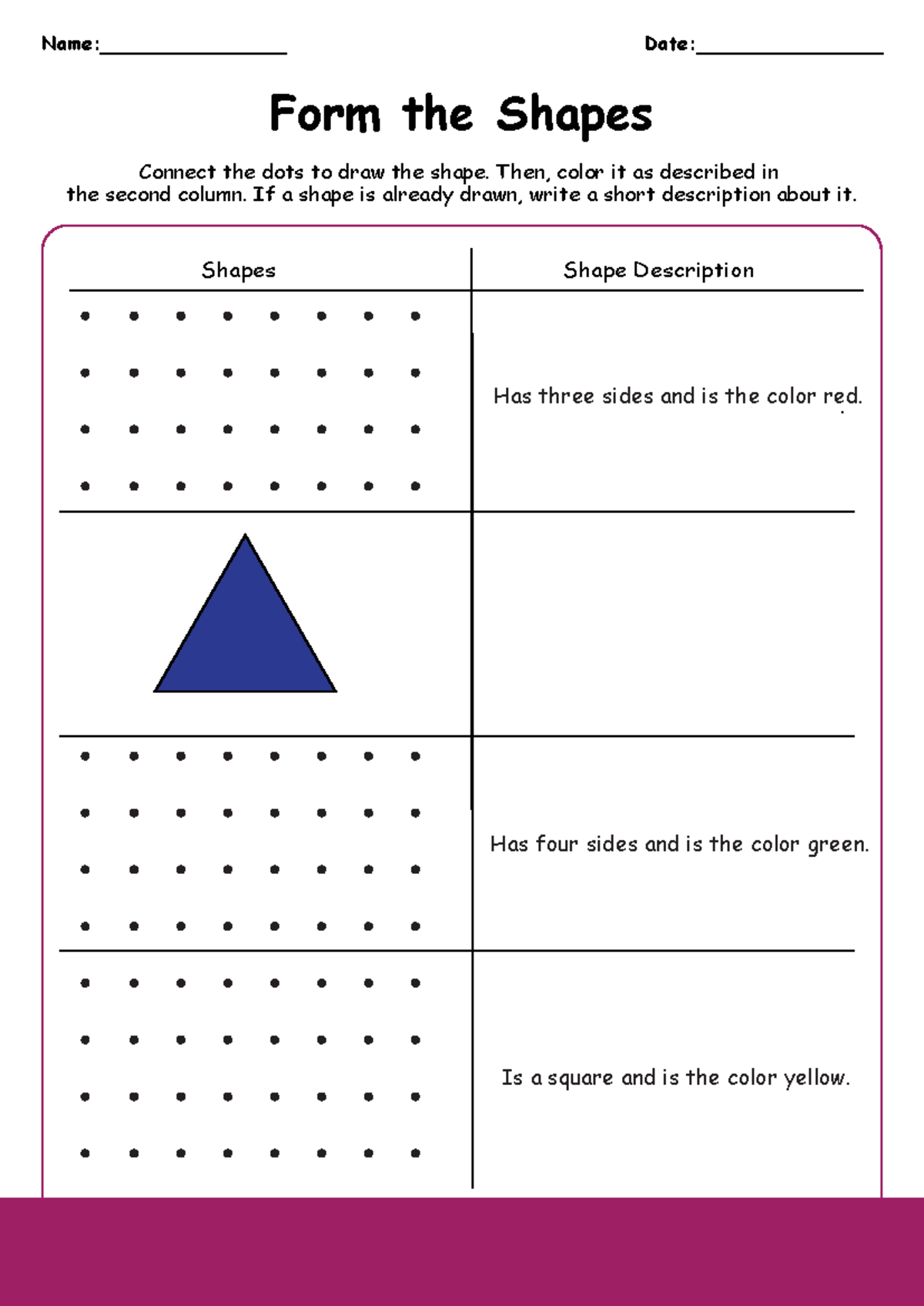 Form the Shapes - 1st Grade Worksheet - Shapes Shape Description Has ...