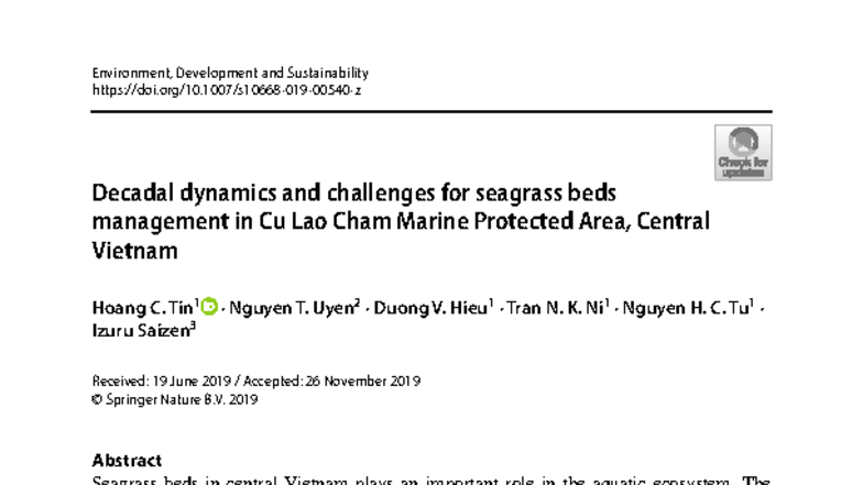 Seagrass Management in Cu Lao Cham MPA: Dynamics & Challenges - Studocu