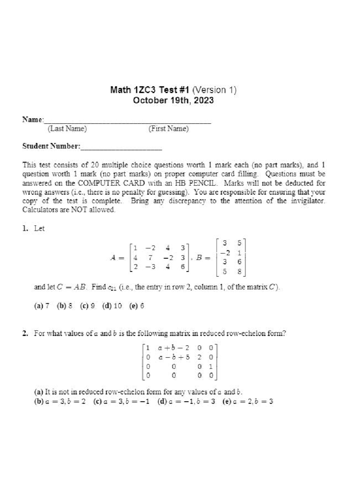 Math 1ZC3 Practice Test - Version 1 Answers & Solutions 2023 - Studocu