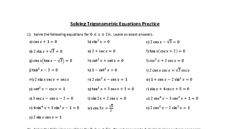 08.2 Trigonometric Equations Practice Problems and Solutions - Studocu