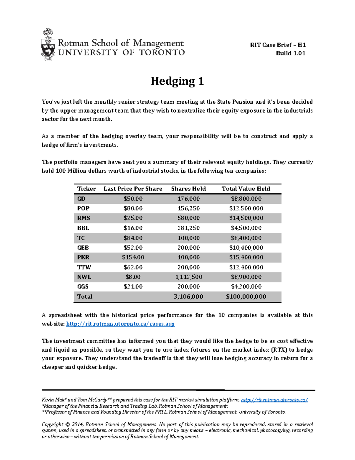RIT Case Brief H1: Hedging with Futures Strategy Analysis - Studocu