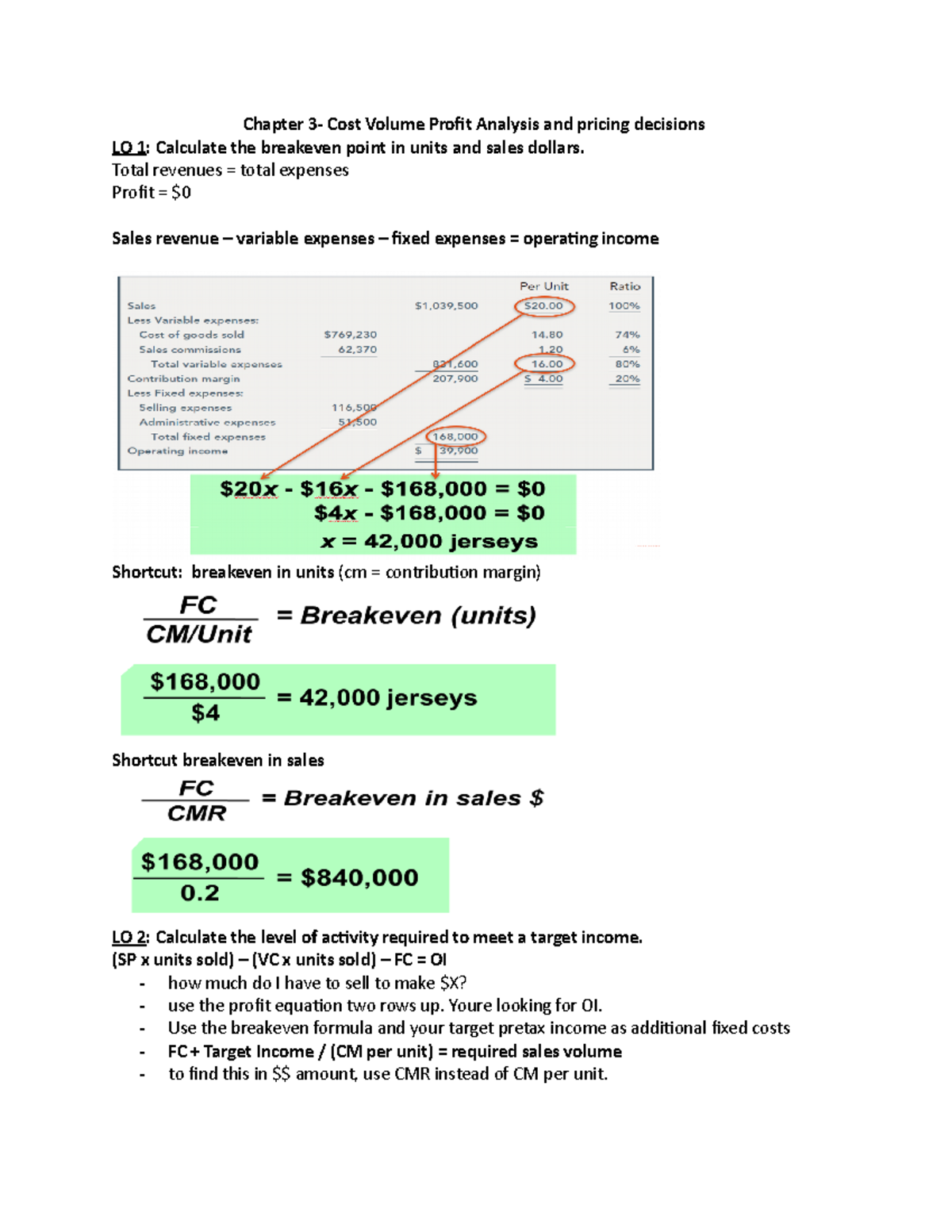Chapter 3 - notes - Chapter 3- Cost Volume Profit Analysis and pricing ...
