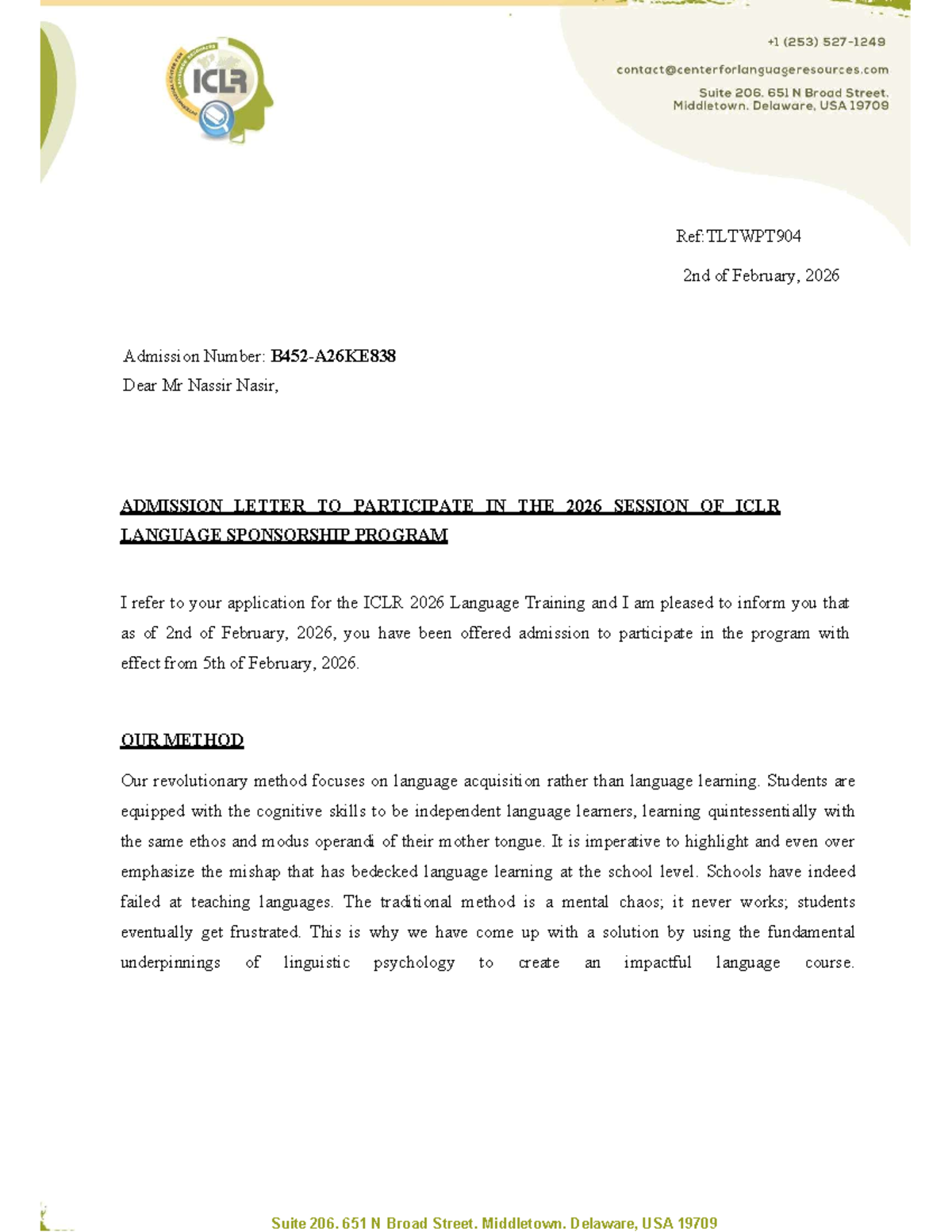 ICLR Language Sponsorship Program Admission Letter - Ref:TLTWPT904 ...