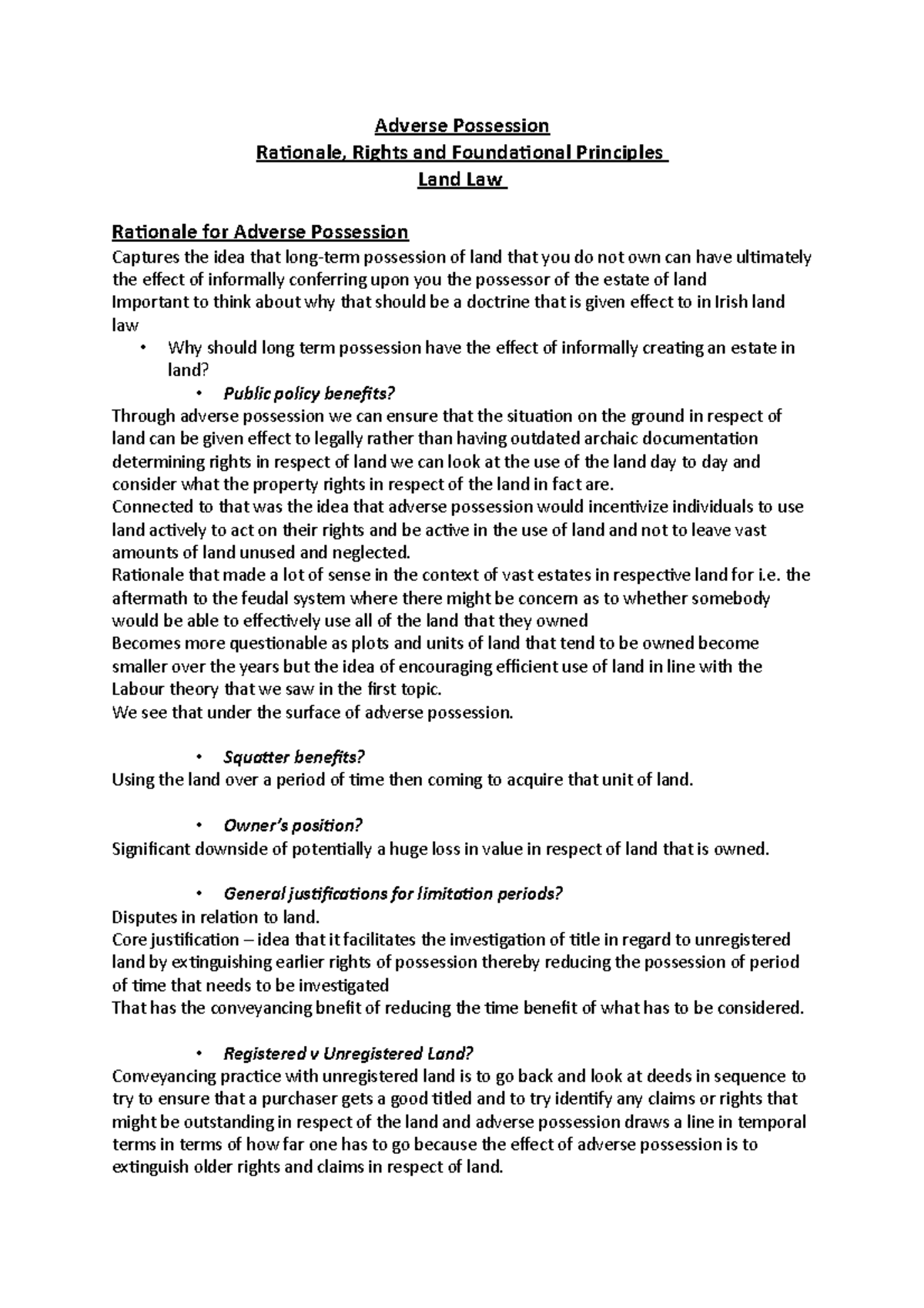 Adverse Possession - Land Law Lecture Notes (1-12) Overview - Studocu