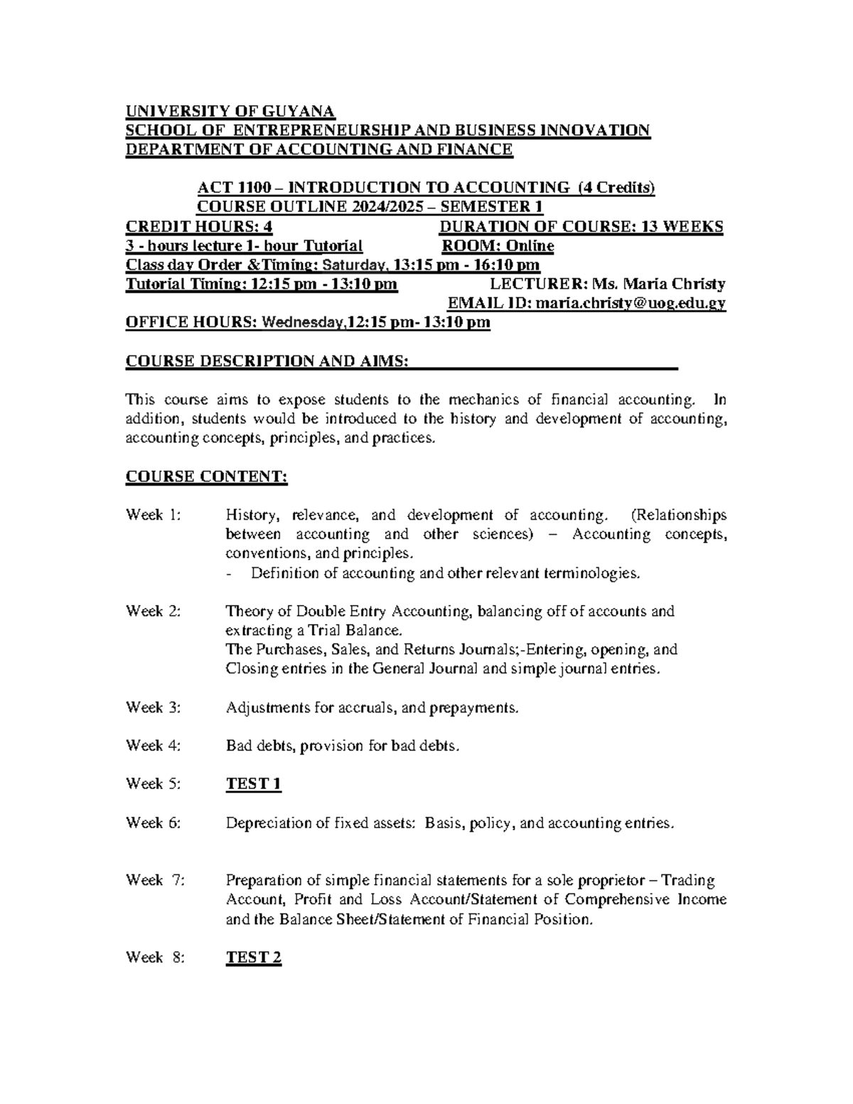 ACT 1100 Course Outline: Introduction to Accounting (2024-2025) - Studocu