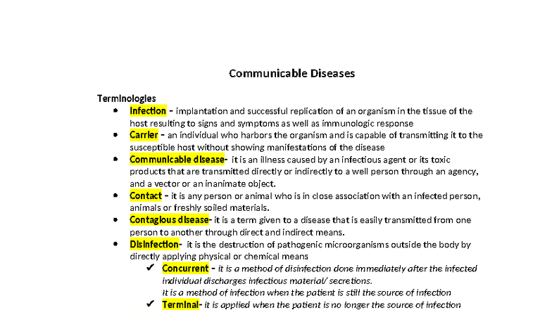 NCM 113: Terminologies and Concepts in Communicable Diseases - Studocu