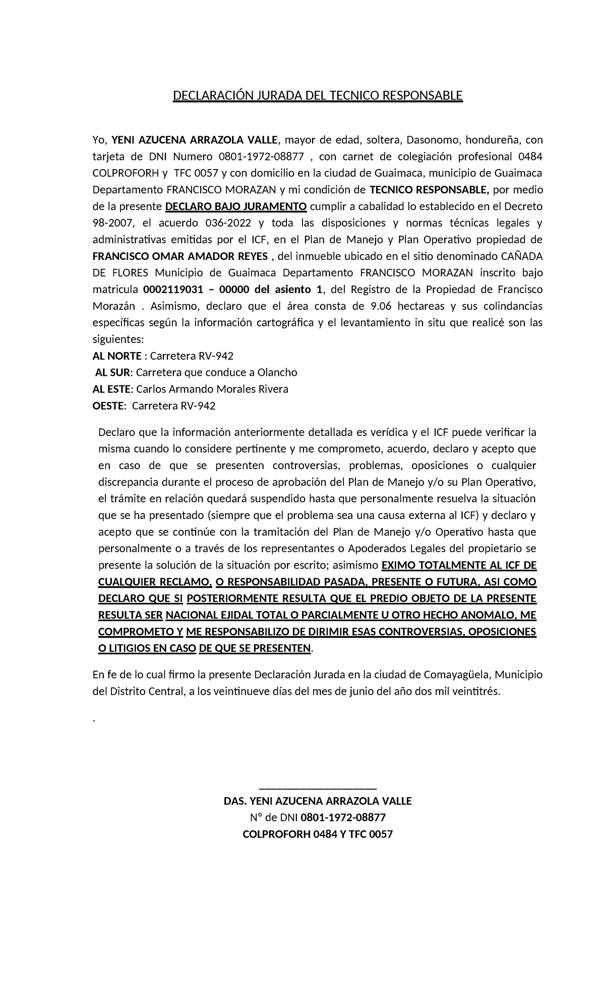 Declaración Jurada del Técnico Responsable - Sitio Cañaña - Studocu