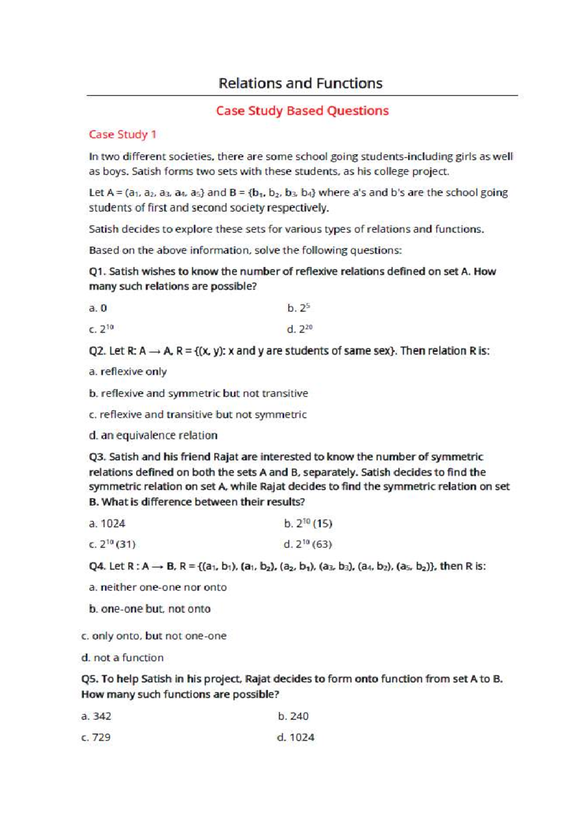 Mathematics Case Study Questions: Relations, Functions, and Vectors ...