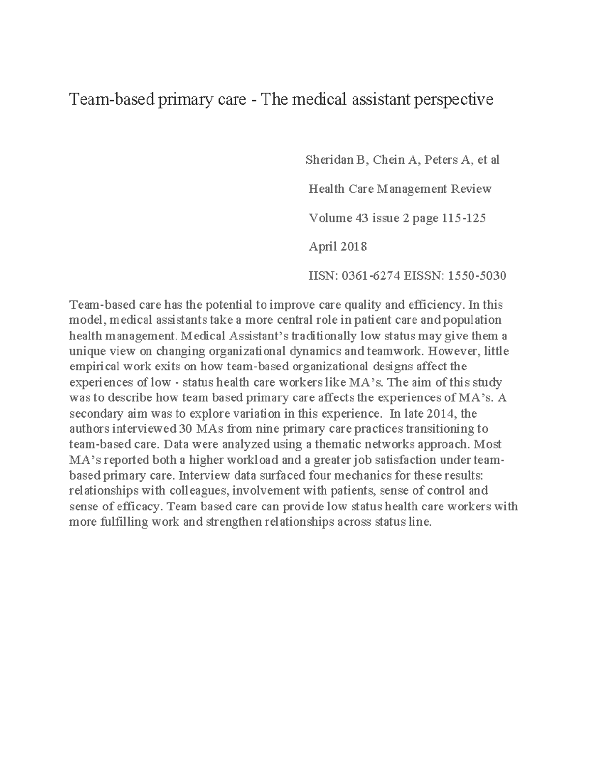 Team-Based Primary Care: Insights from Medical Assistants - Studocu