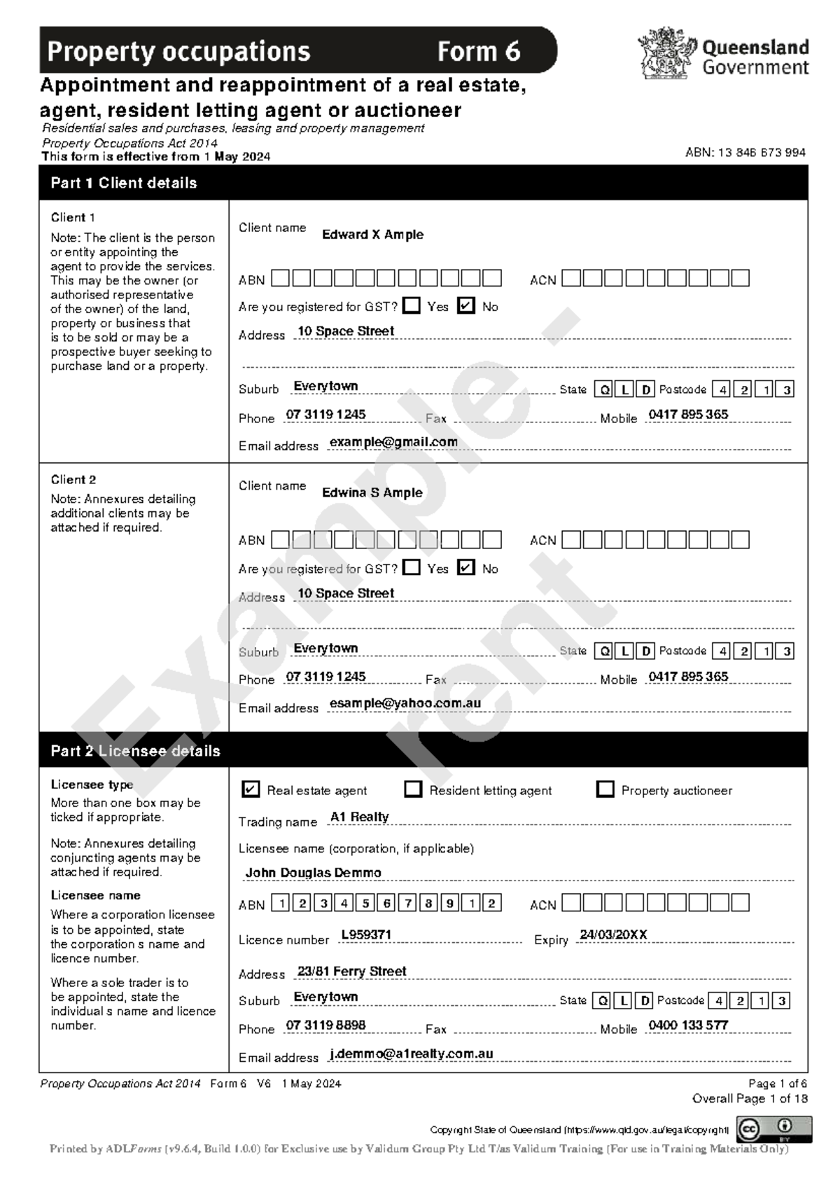 Appointment of Real Estate Agent - Property Occupations Act 2014 Form 6 ...