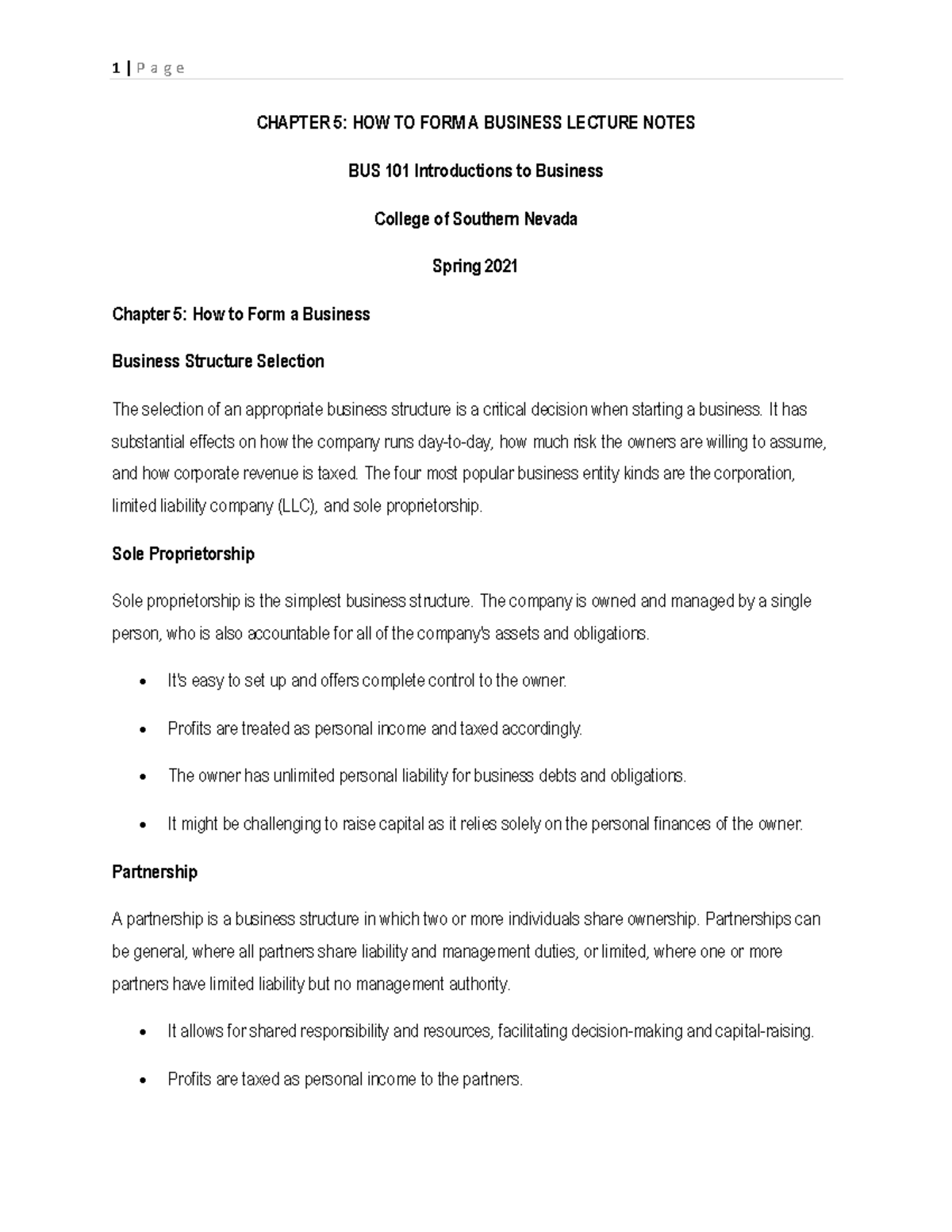 BUS 101 Chapter 5 Lecture Notes: Forming a Business Structure - Studocu