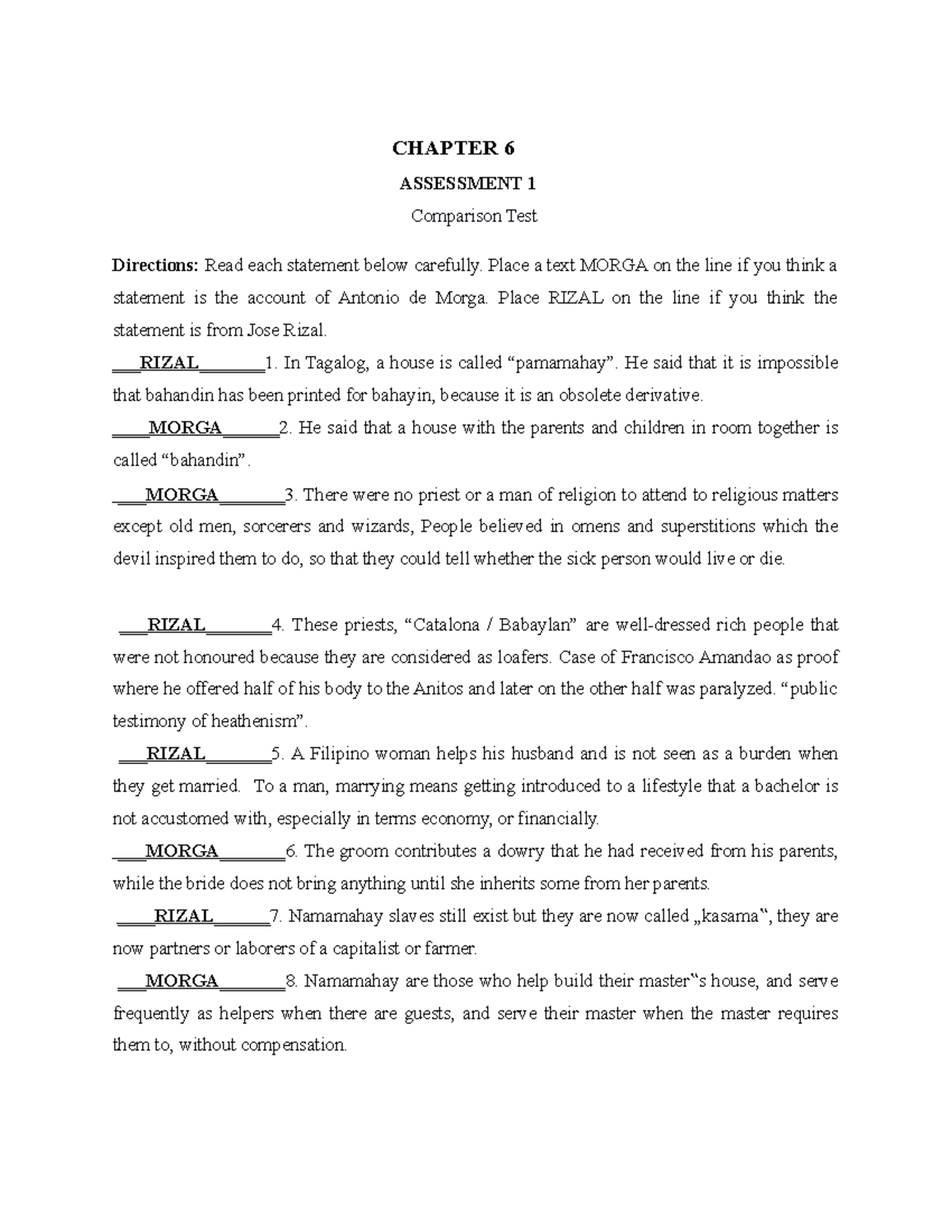 CHAP 6 Assessment 1: Comparison Test Between Morga & Rizal - Studocu