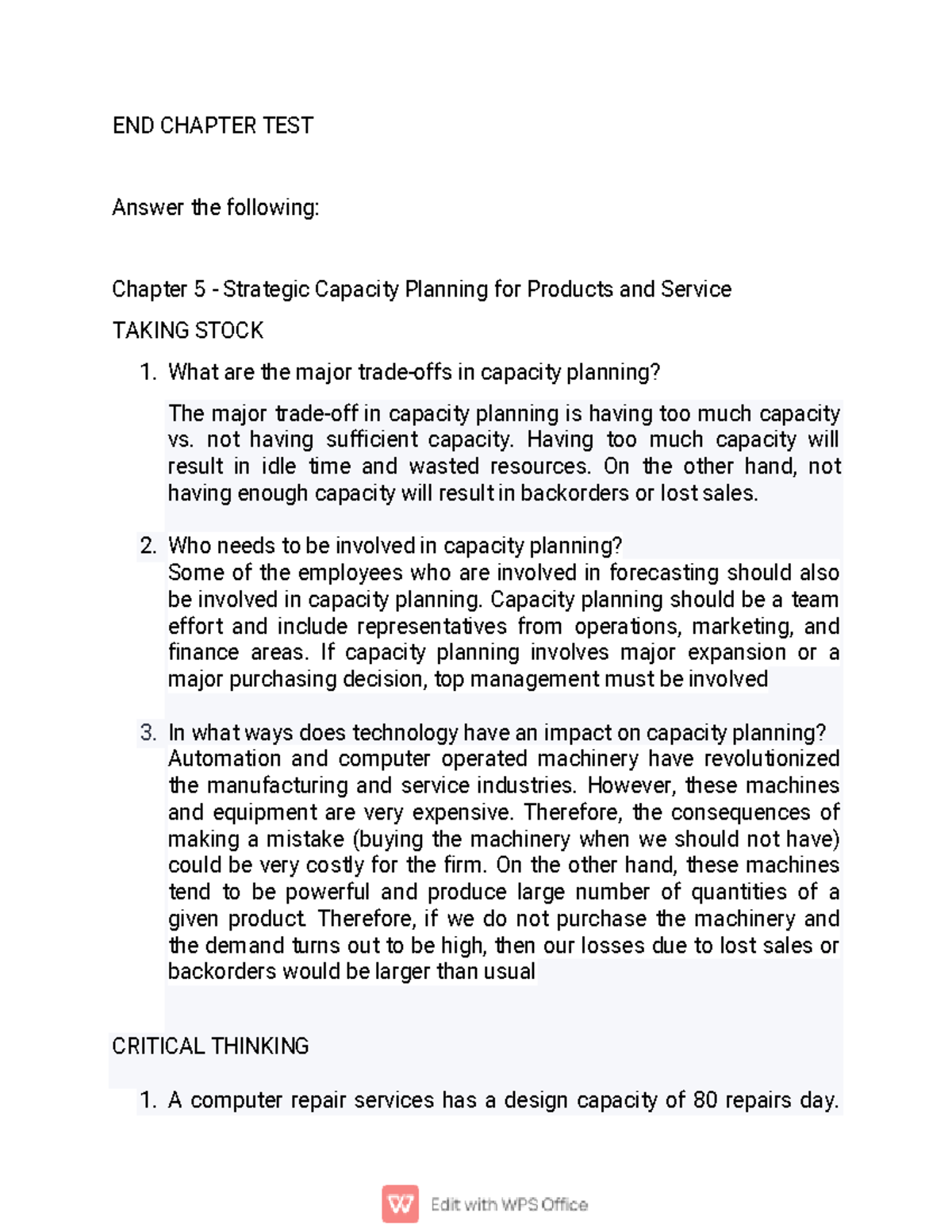 End of Chapter Test 56 - Strategic Capacity Planning Insights - Studocu