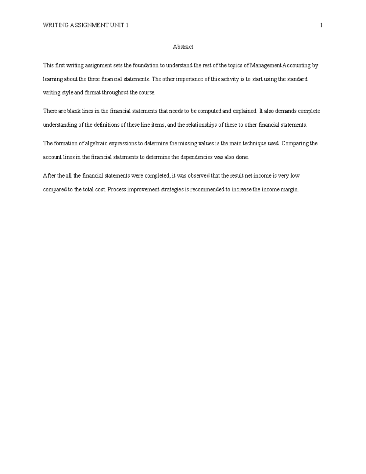 Writing Assignment Unit 1 - Abstract This first writing assignment sets ...