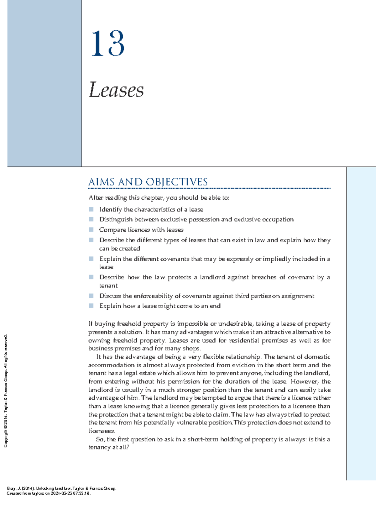 Unlocking Land Law - Leases Overview (Course Code: LLT101) - Studocu