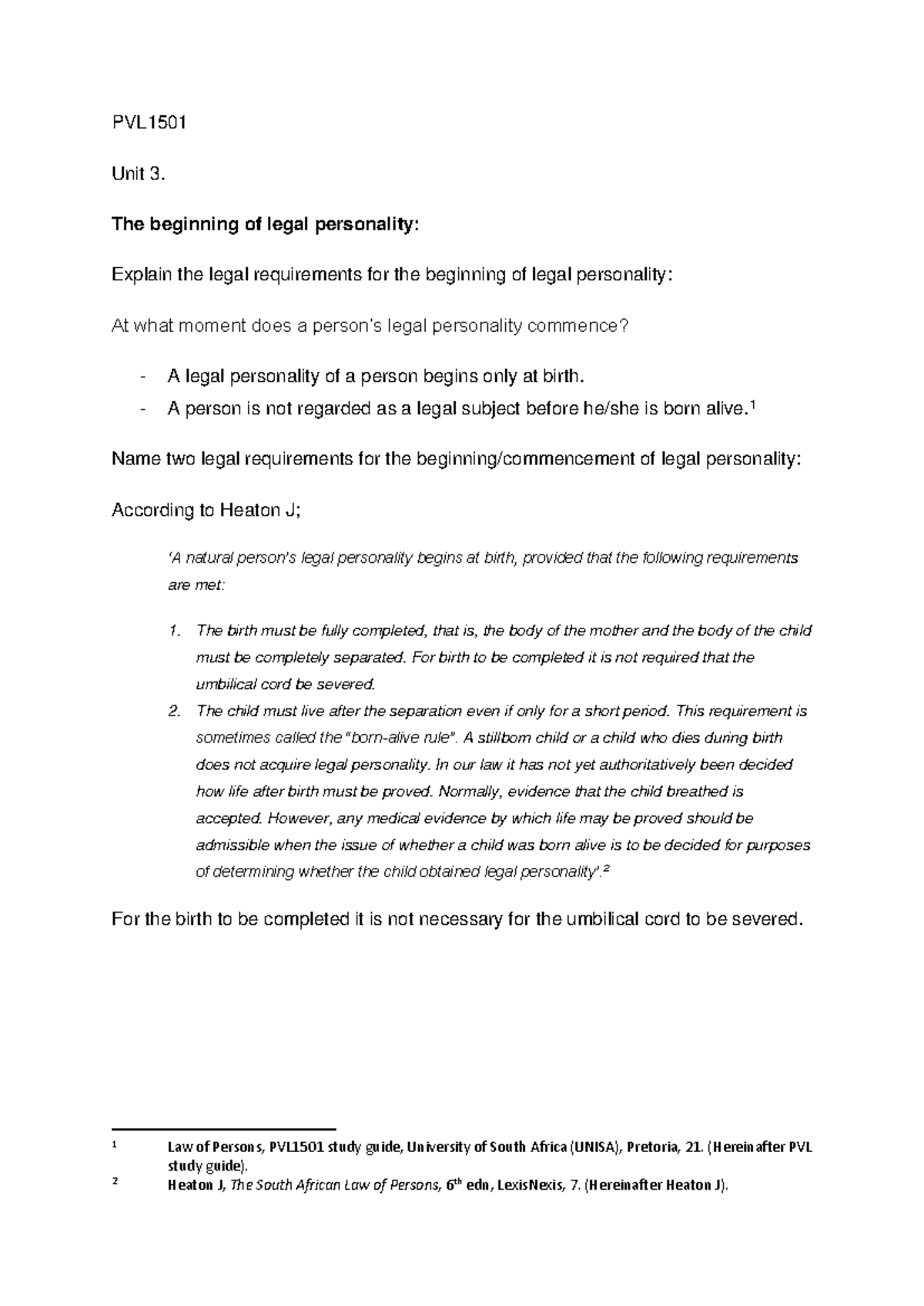 PVL1501 Unit 3 Notes - Summary of Legal Personality Concepts - Studocu