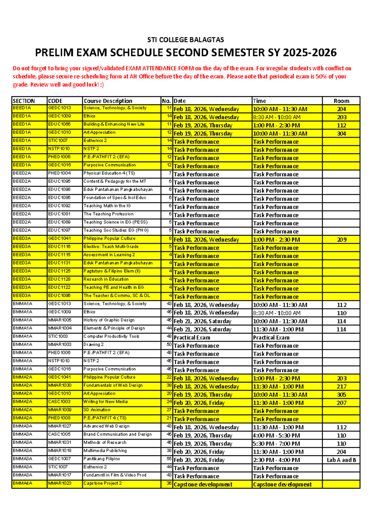STI COLLEGE BALAGTAS PRELIM EXAM SCHEDULE 2ND SEM SY 2026 - Studocu