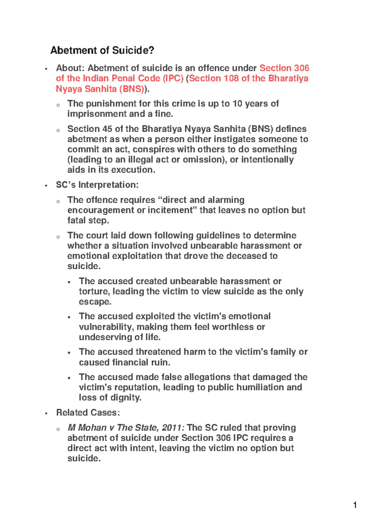 Abetment of Suicide and Assault: Legal Insights under IPC - Studocu