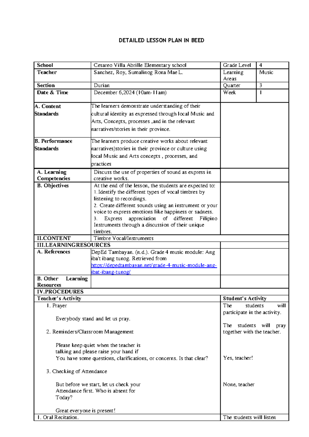 Detailed LP- Edmus - Teaching music final lesson plan - DETAILED LESSON ...
