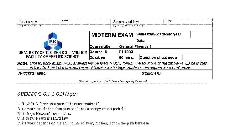 Midterm Exam PH1003: General Physics 1 Question Sheet - Studocu