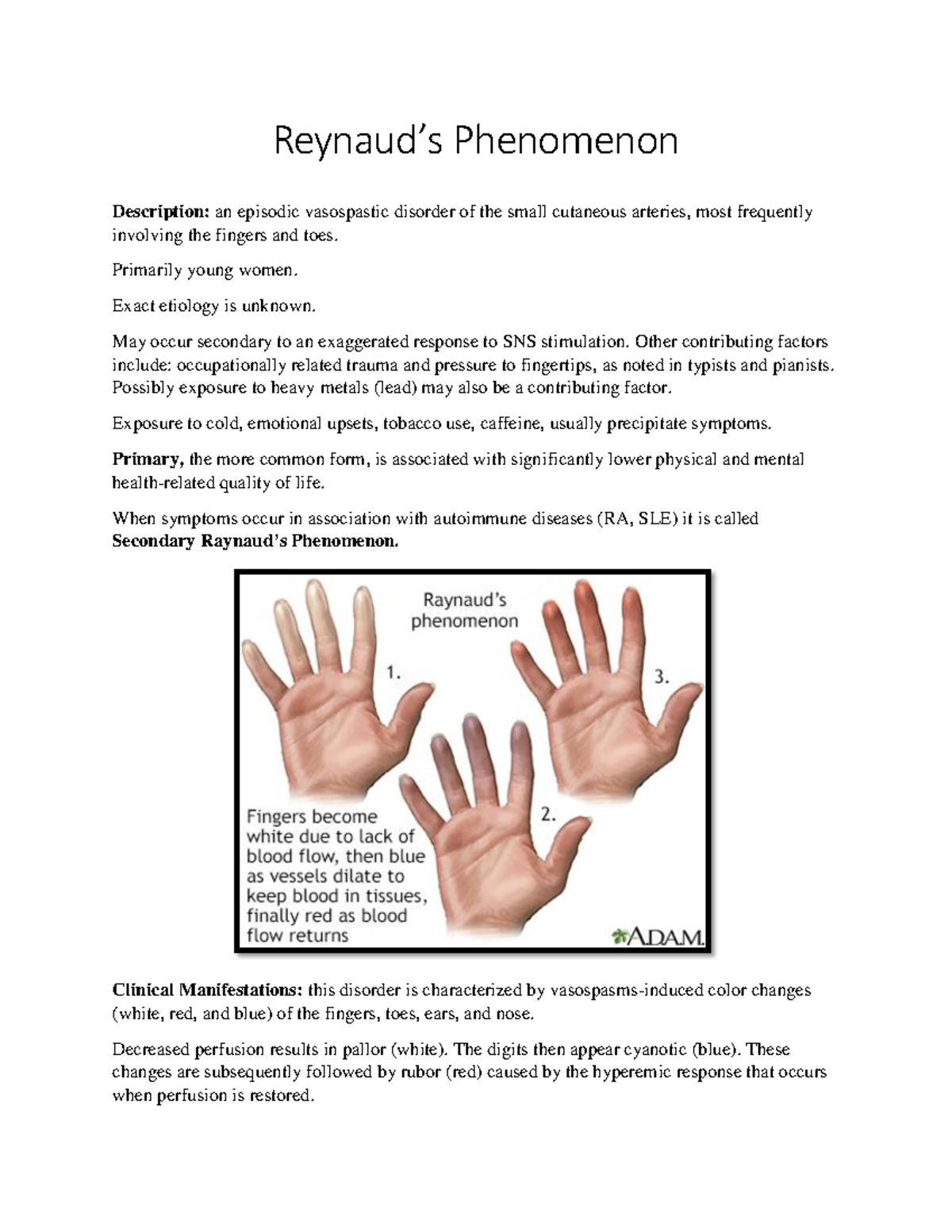 Reynaud's Phenomenon-1 - Reynaud’s Phenomenon Description: an episodic ...