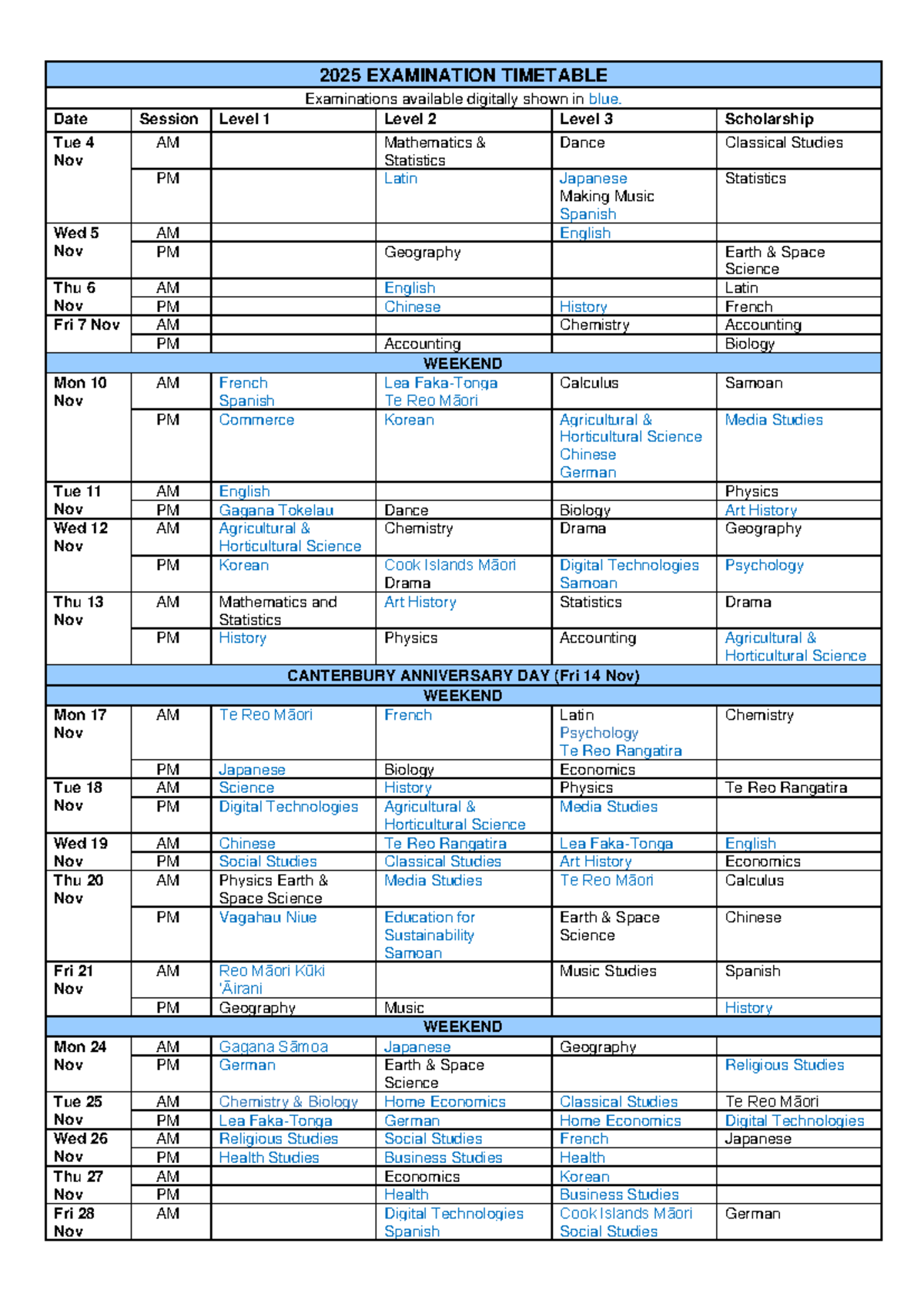 2025 EXAM TIMETABLE - History and Other Subjects - Studocu