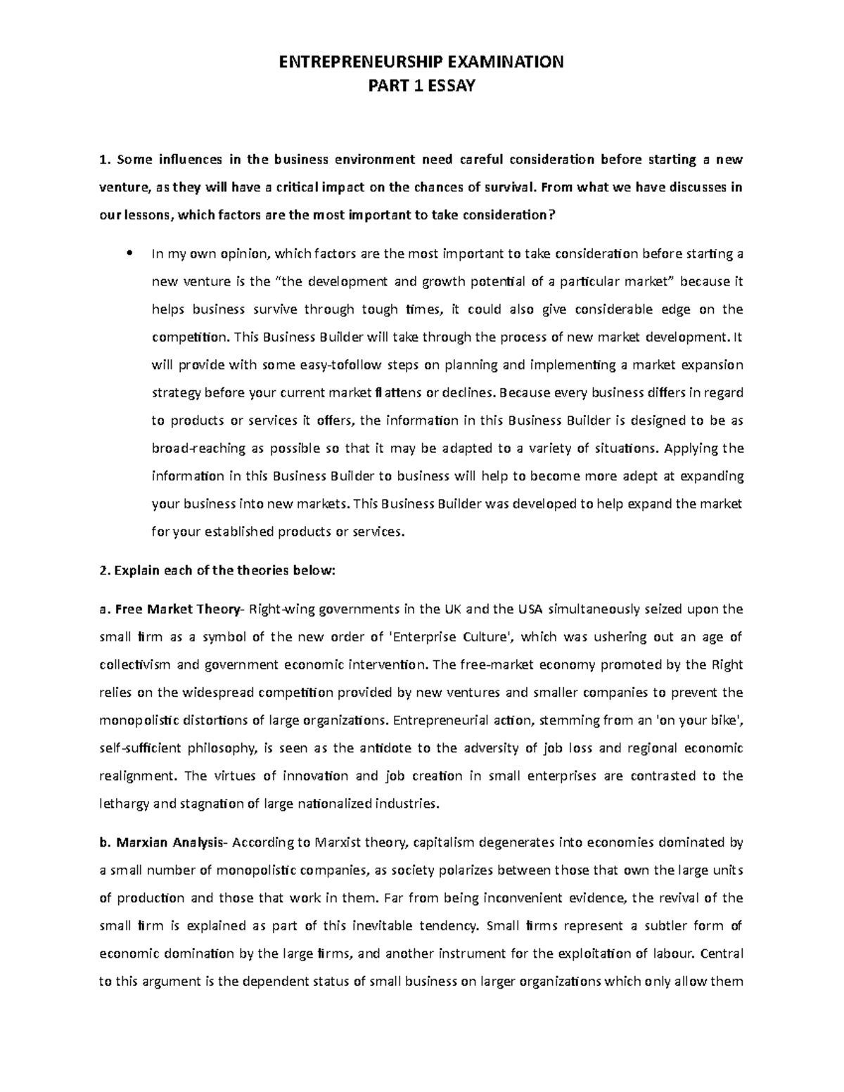 Entrep Exam Part1 Essay - ENTREPRENEURSHIP EXAMINATION PART 1 ESSAY ...