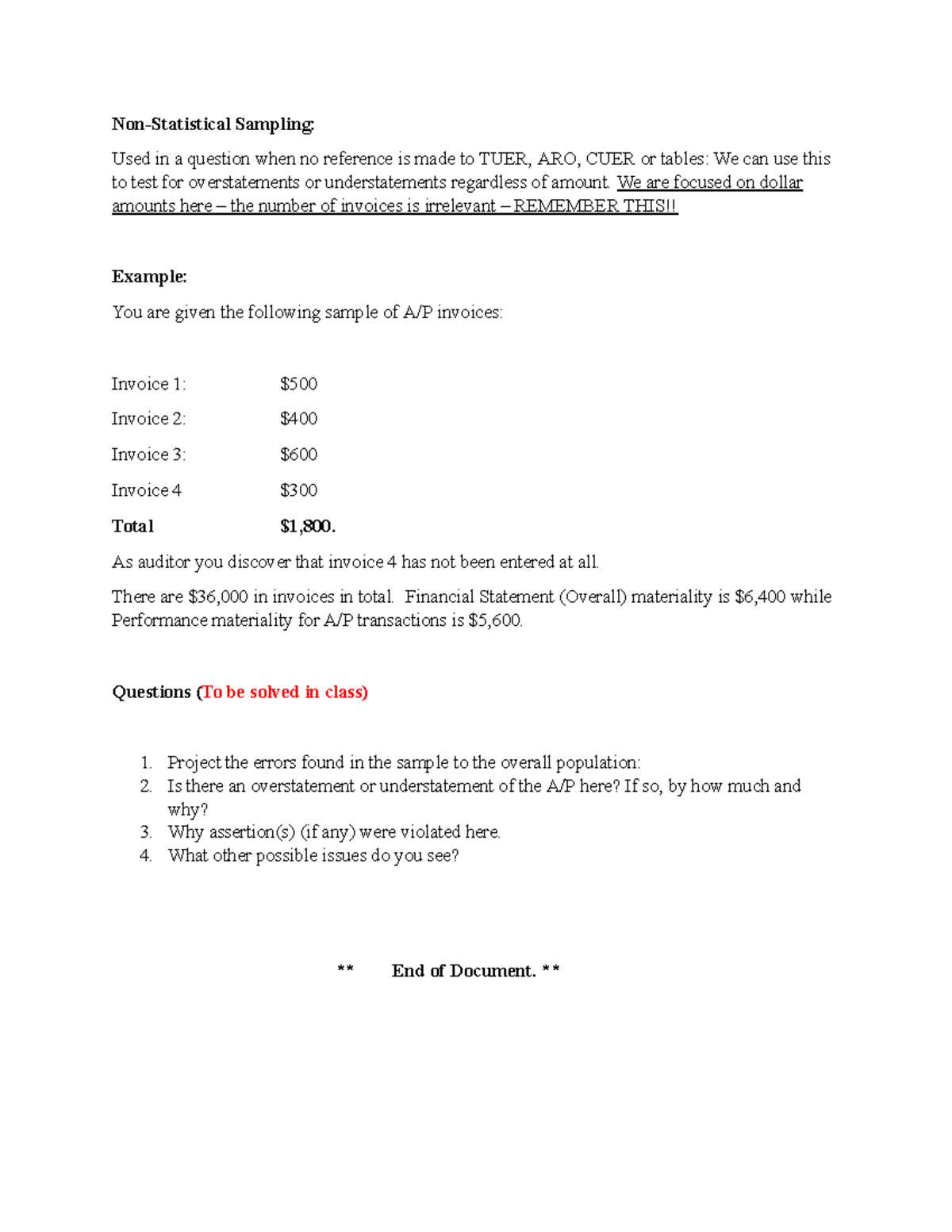 Auditing A/P: Non-Statistical Sampling Examples & Analysis - Studocu