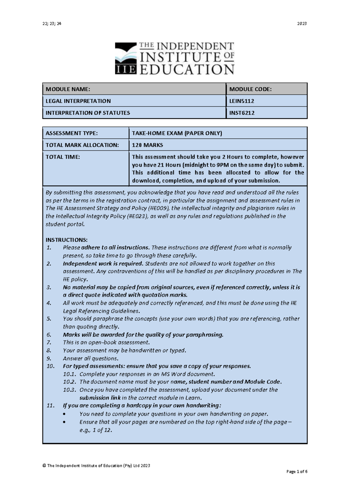 INST6212 - Legal Interpretation Exam Guidelines and Questions - Studocu