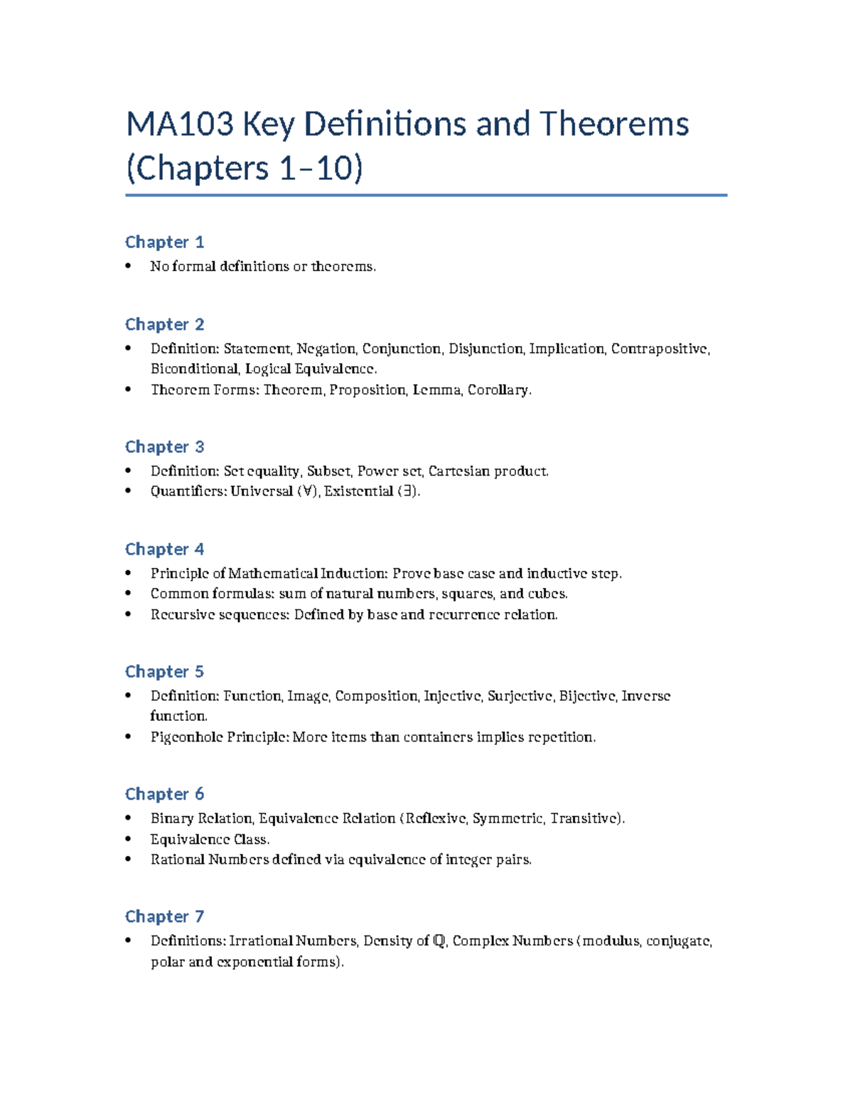 MA103 Key Definitions & Theorems (Chapters 1-7) - Studocu
