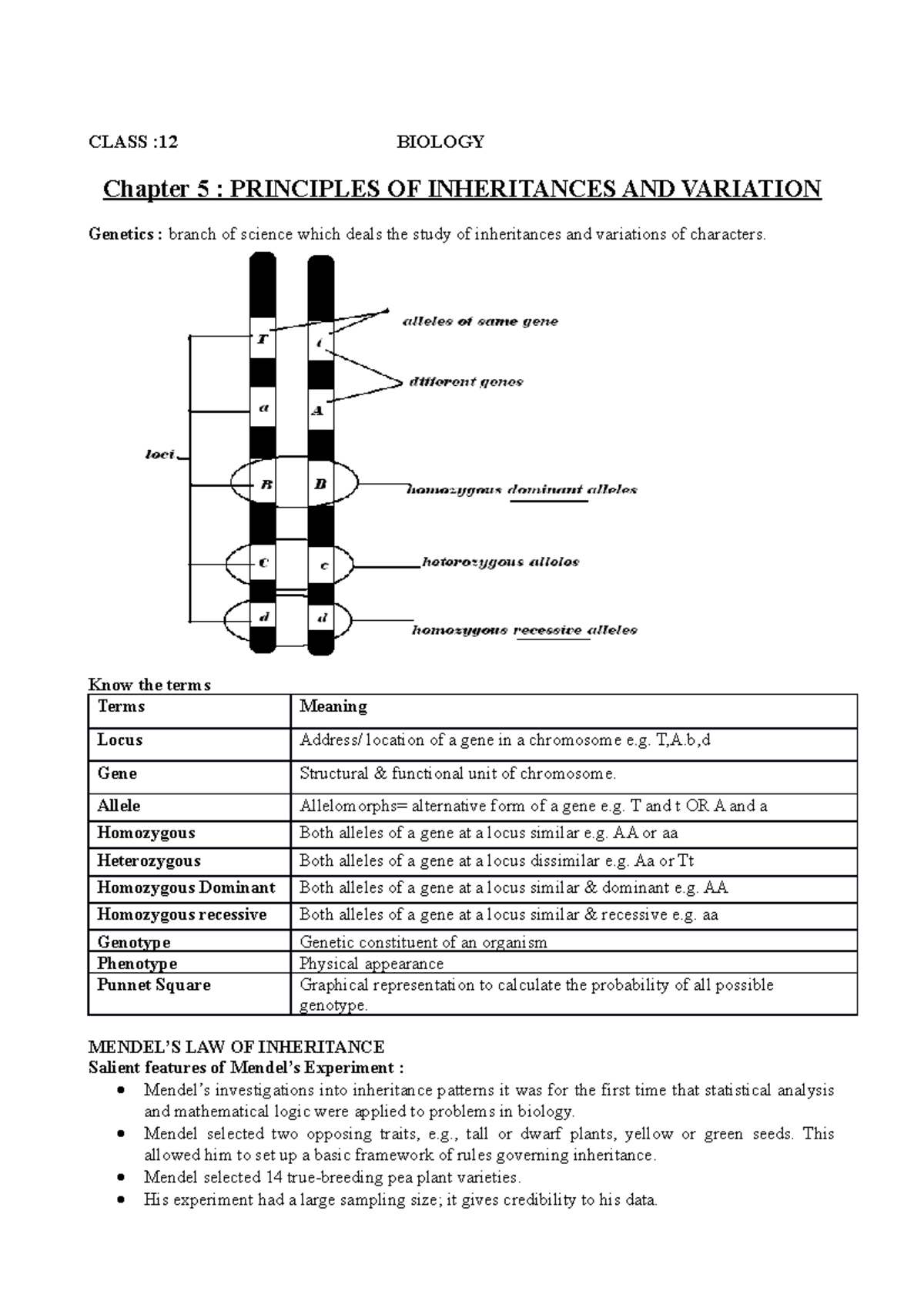 CLASS 12 BIOLOGY Chapter 5: Principles of Inheritance and Variation ...