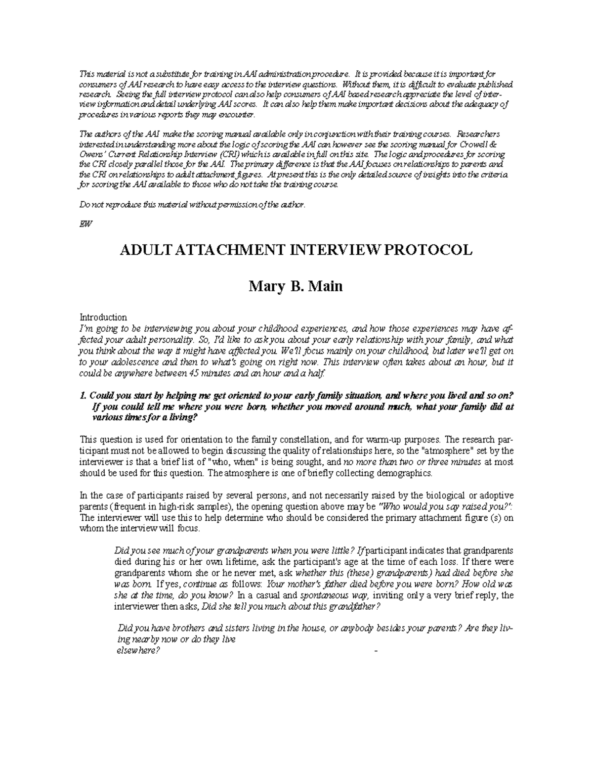 Adult Attachment Interview Protocol (AAI) - Main Document - Studocu
