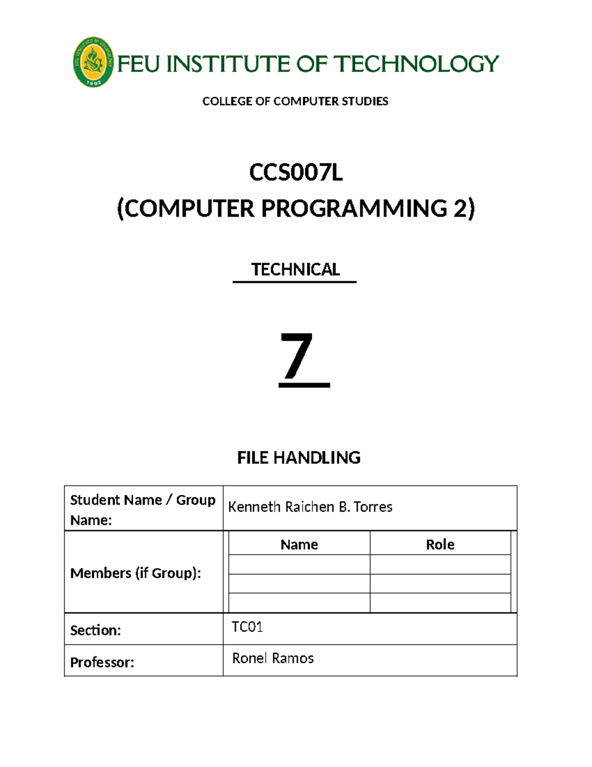 CCS007L - C++ File Handling: Technical Notes on Program Creation - Studocu